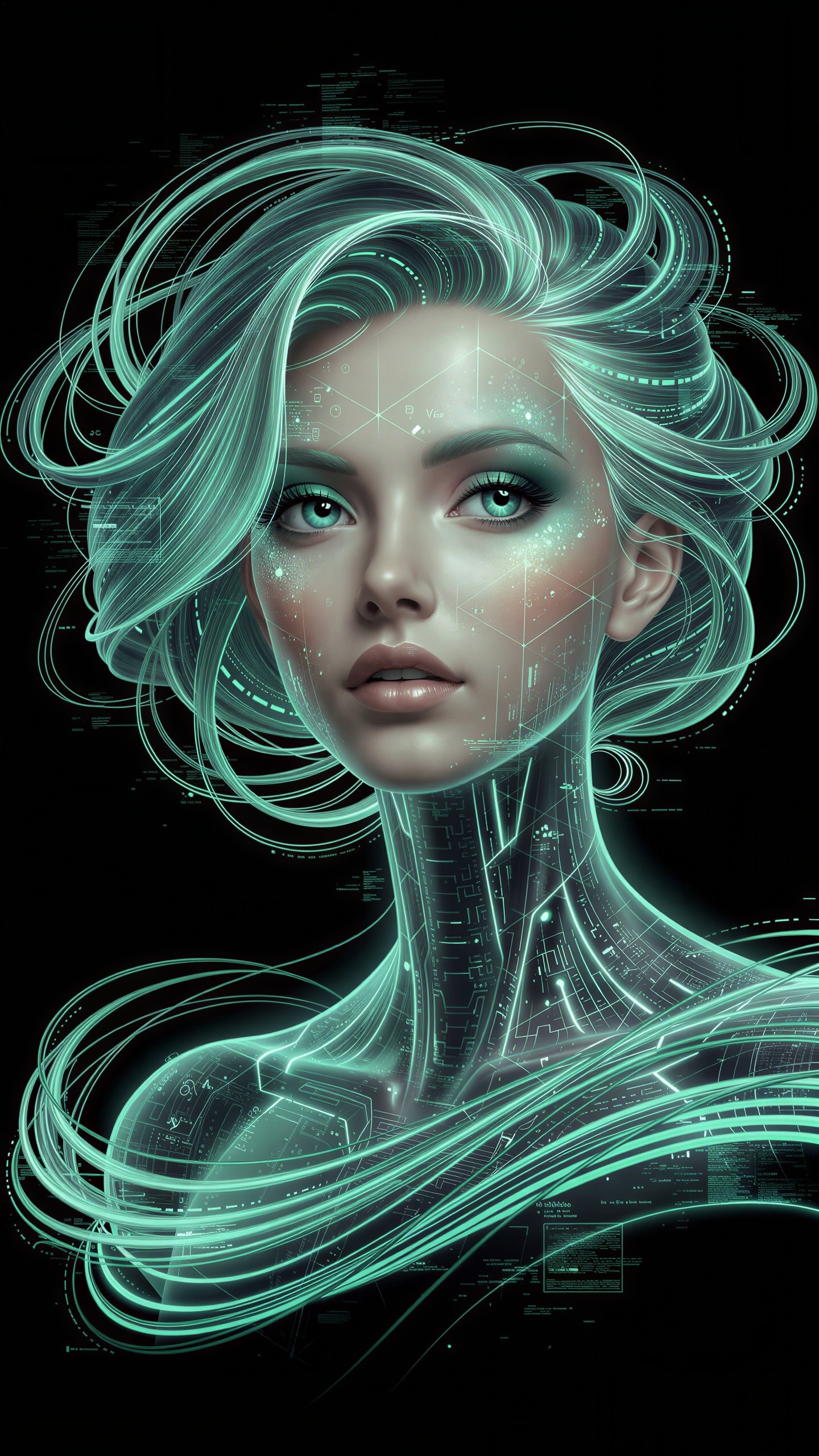 Digital portrait of a woman with aqua-blue hair and glow