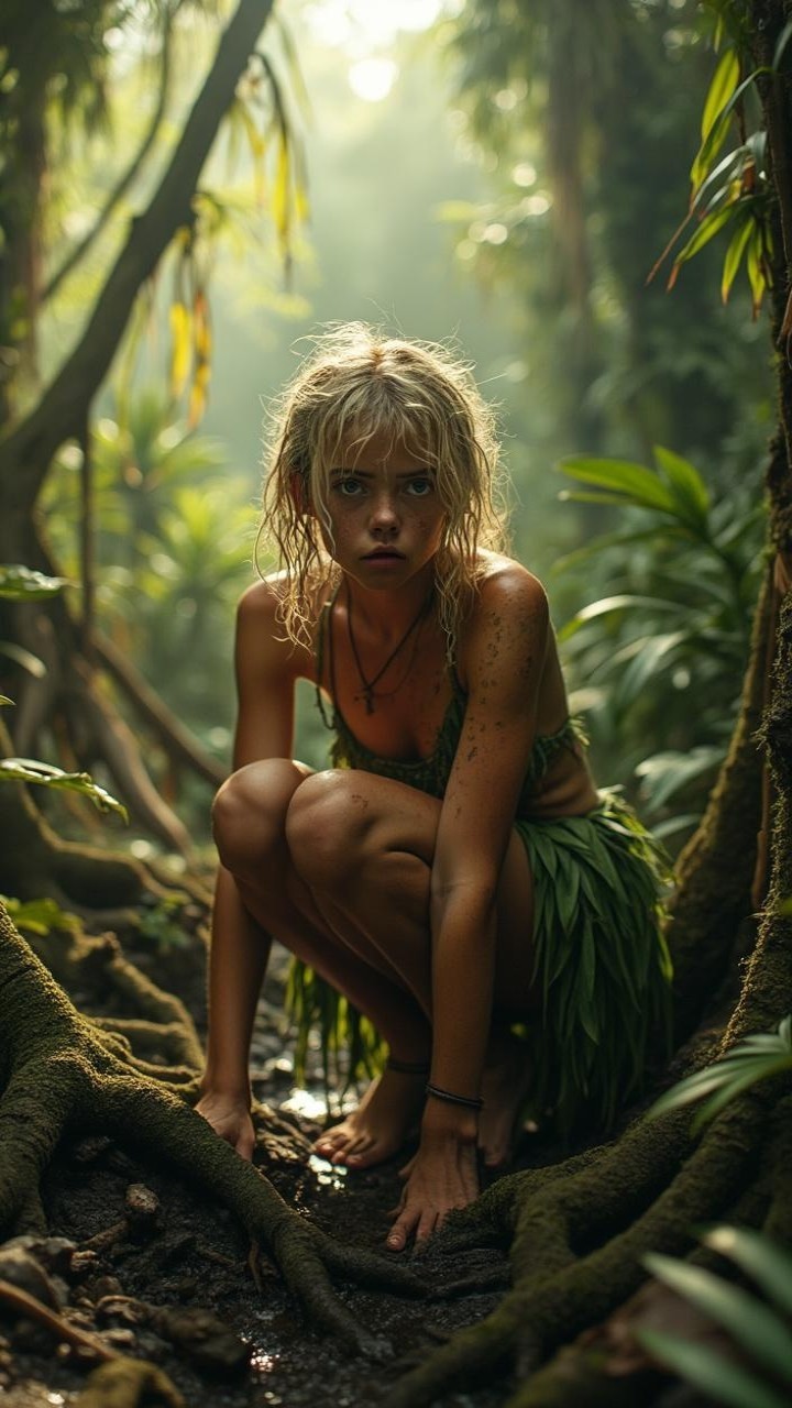 Young woman in jungle with leaf bikini and nature decor