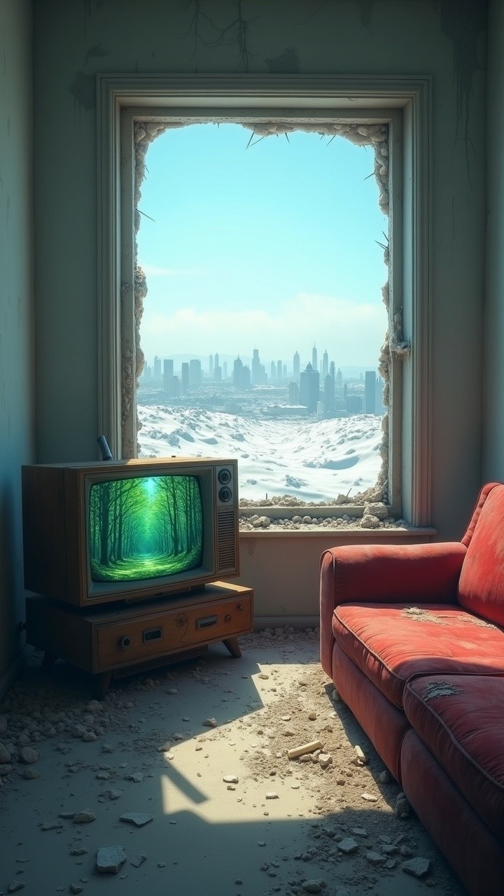 Post-Apocalyptic Interior with Snowy Urban Landscape
