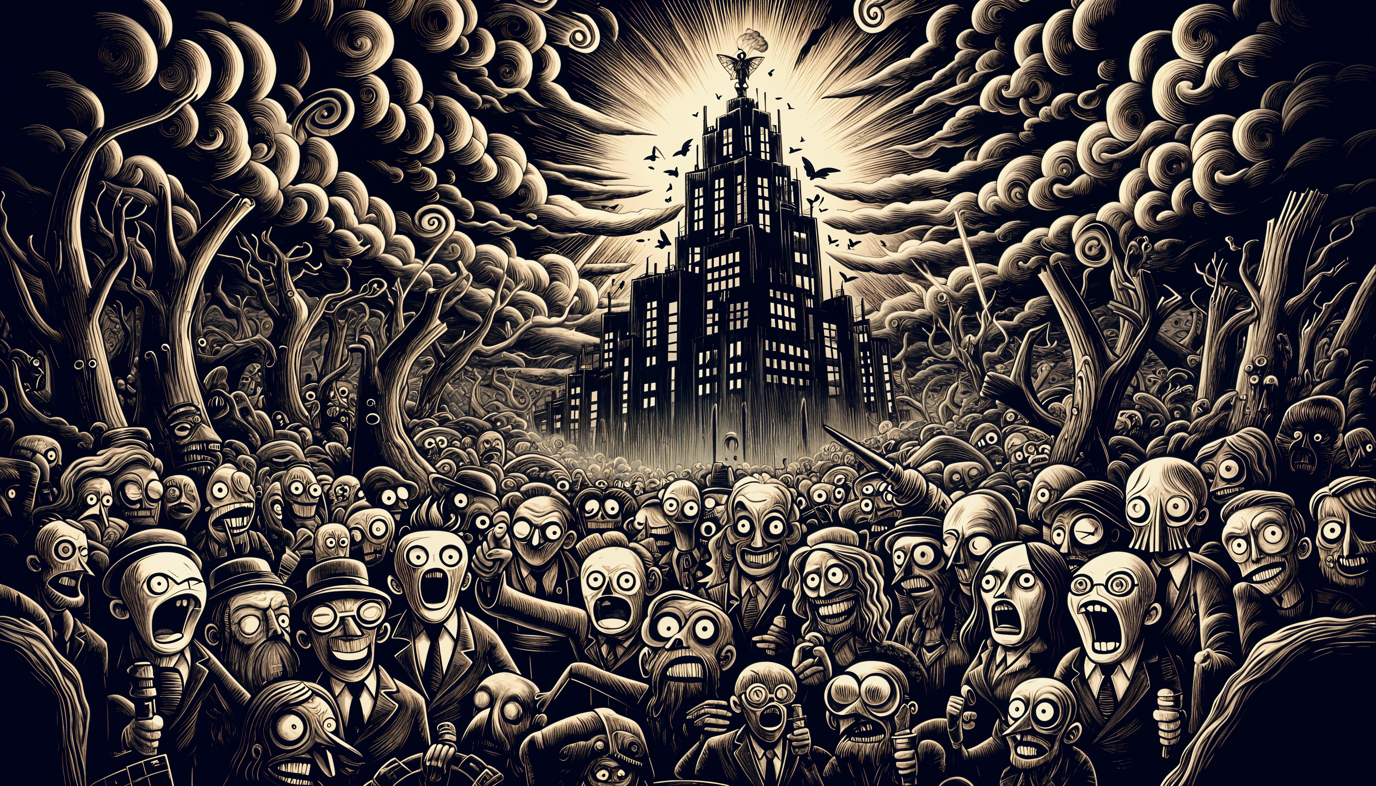 Intricate Black and White Drawing of Grotesque Crowd Scene