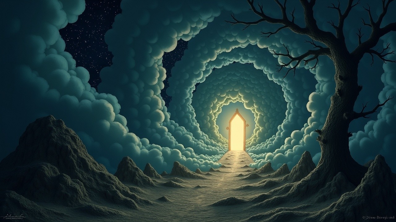Surreal Landscape with Clouds and Glowing Doorway
