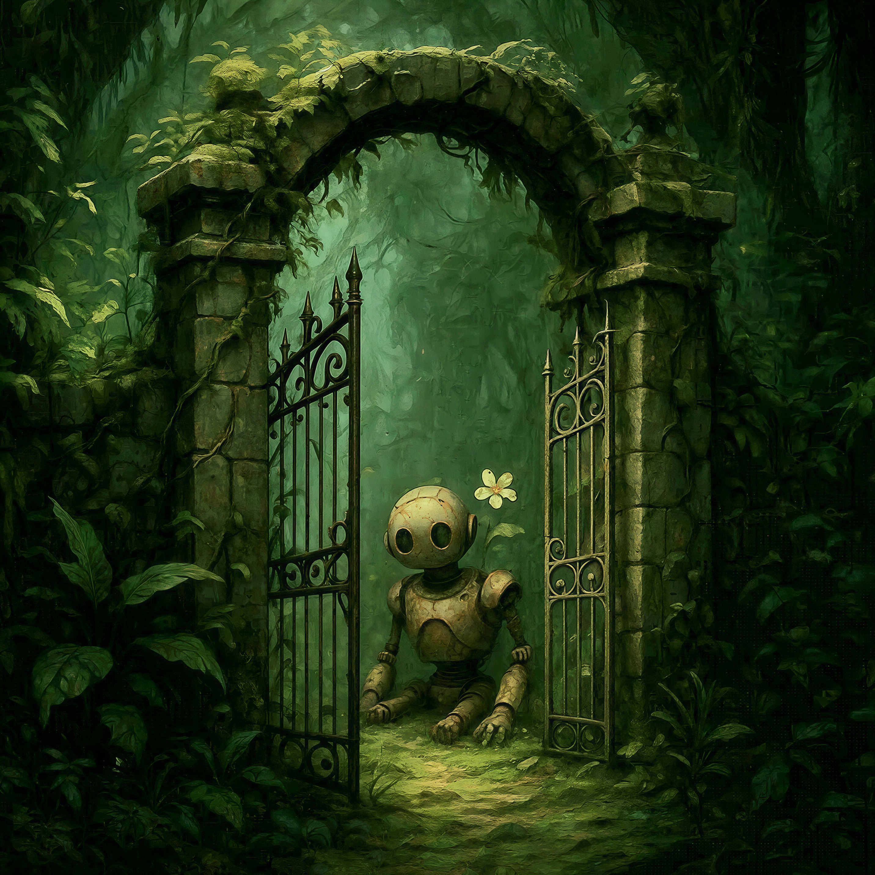 Whimsical Robot in Lush Jungle with Rusty Gates