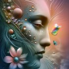Ethereal Portrait with Floral Elements and Butterflies