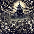 Intricate Black and White Drawing of Grotesque Crowd Scene