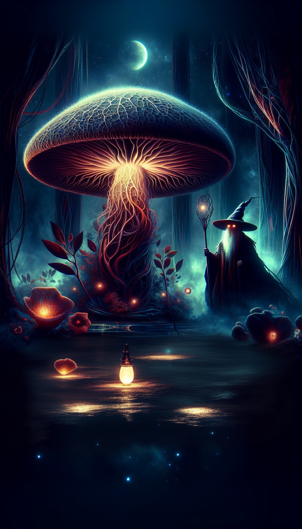 Mystical forest with luminescent mushroom and wizard