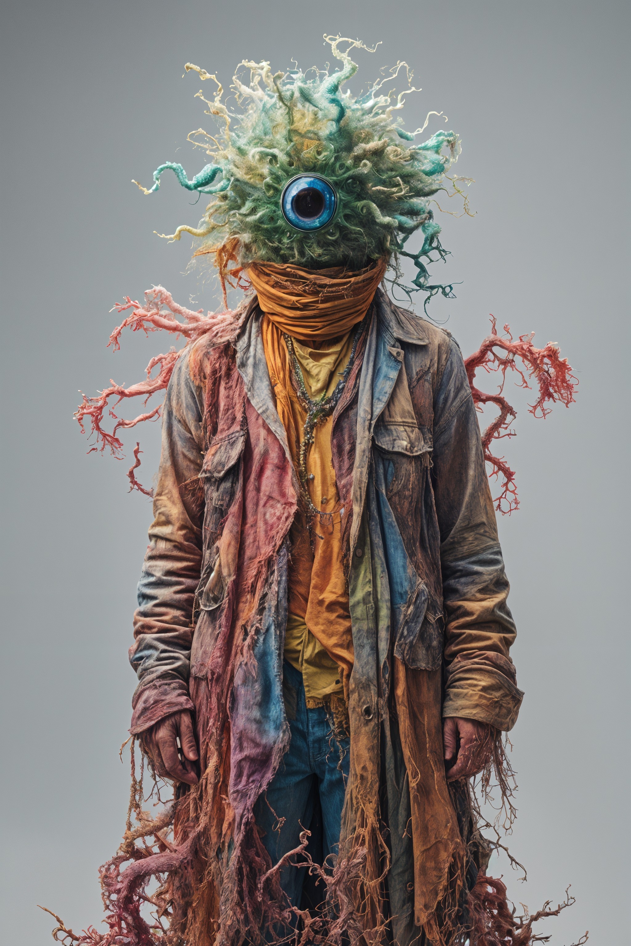 Surreal Figure with Tentacle Head and Tattered Clothing