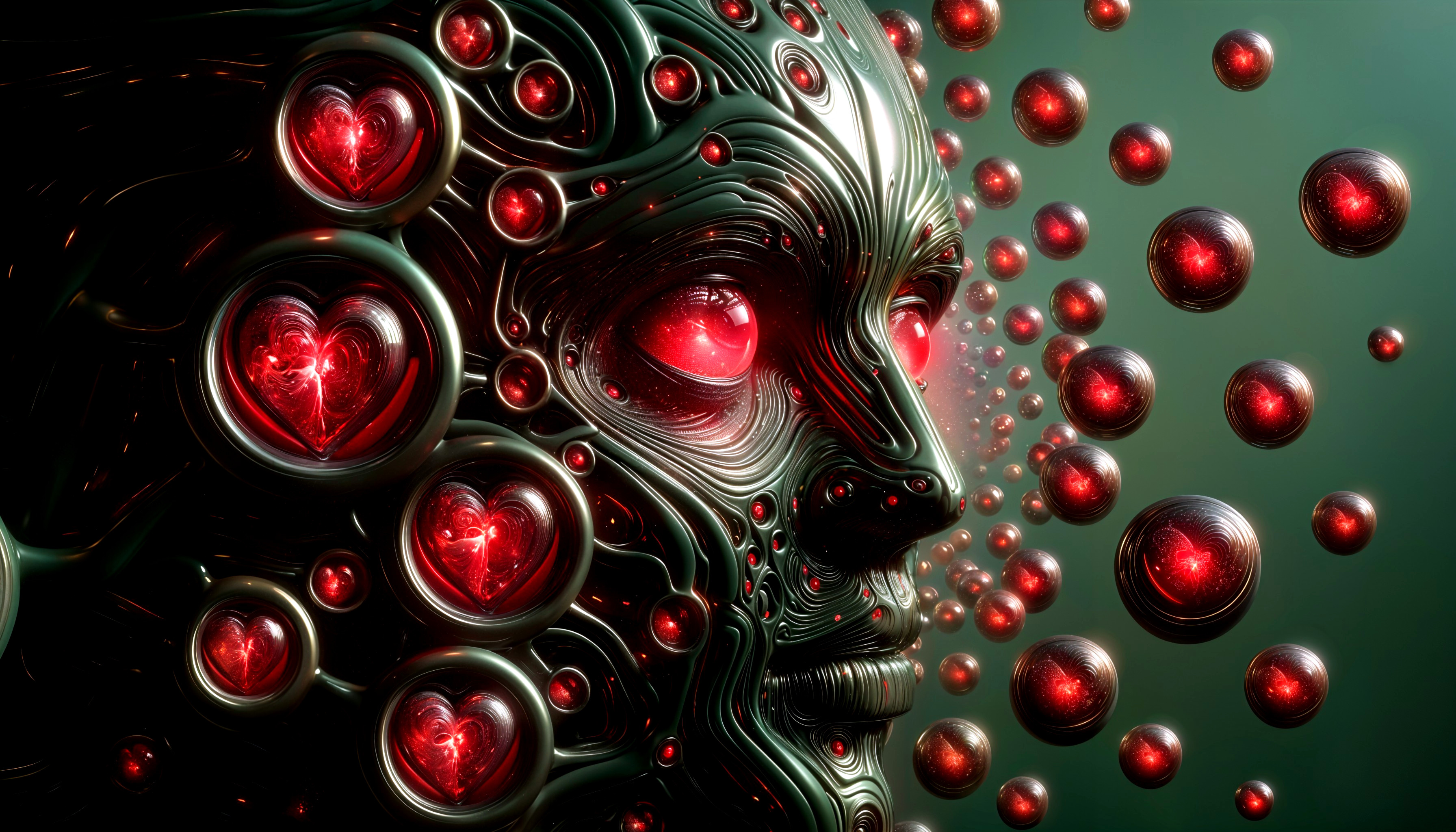 Surreal Abstract Face with Metallic Features and Orbs
