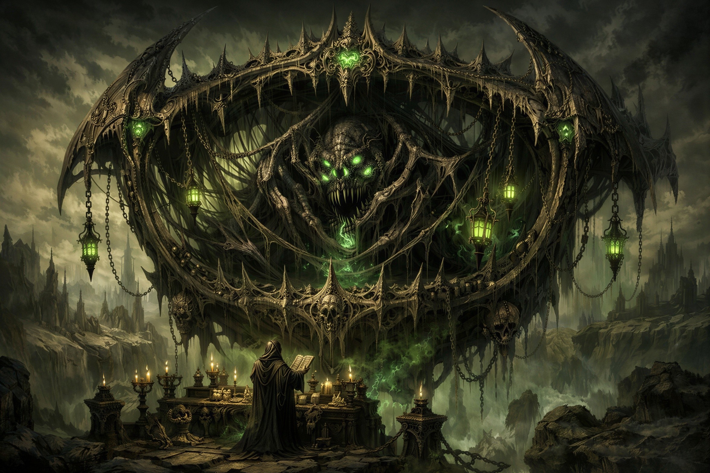 Gothic Fantasy Scene with Skull Monster and Magician