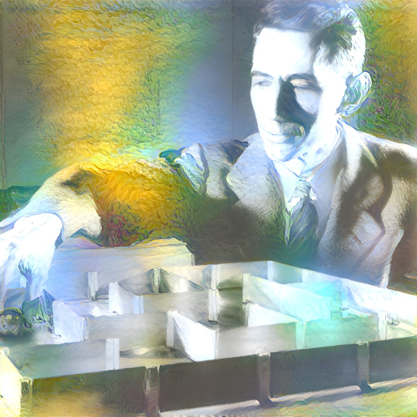 Man in Vintage Suit Navigating Intricate Maze Structure
