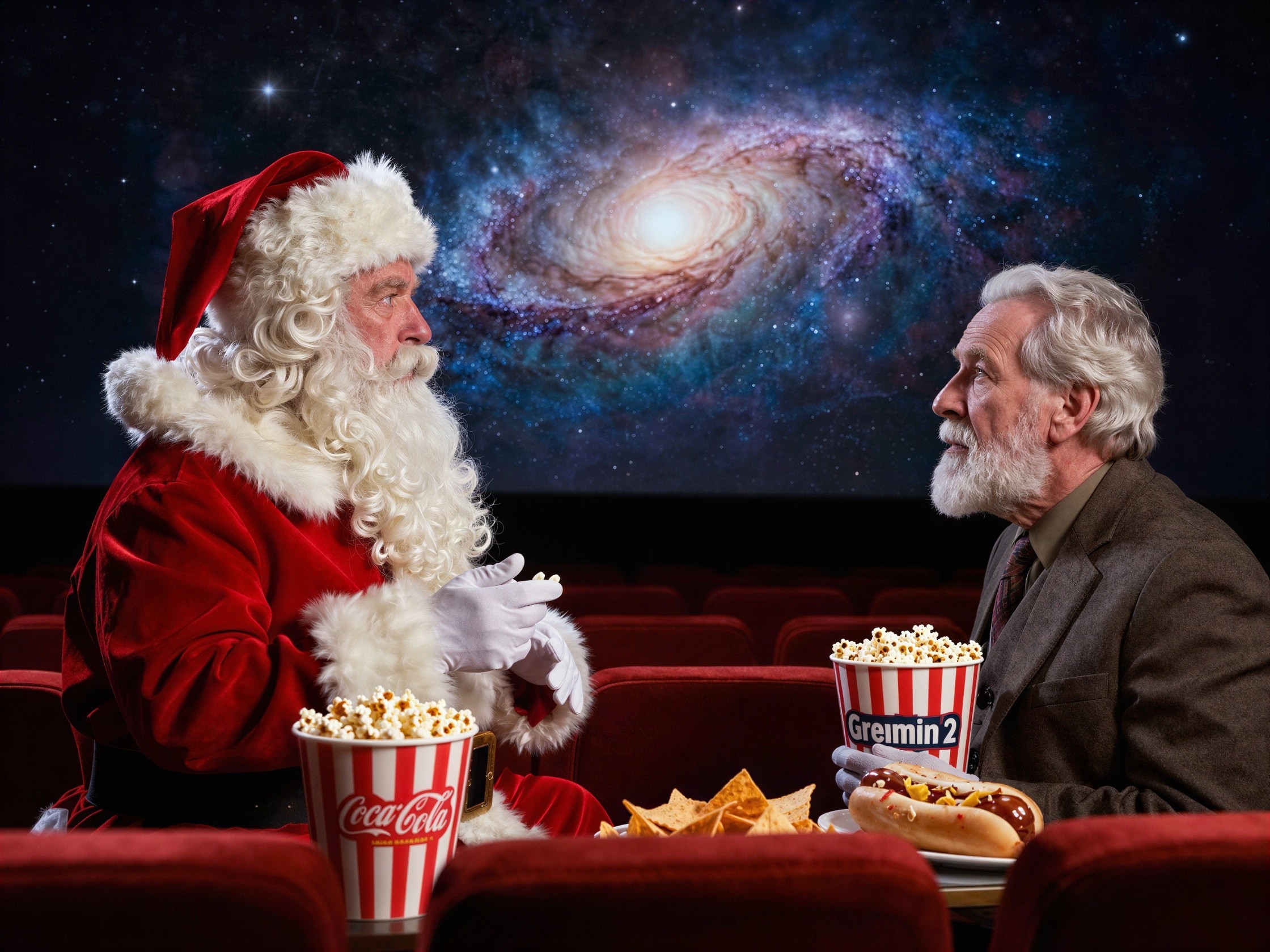 Santa Claus in Auditorium with Galaxy Screen and Snacks