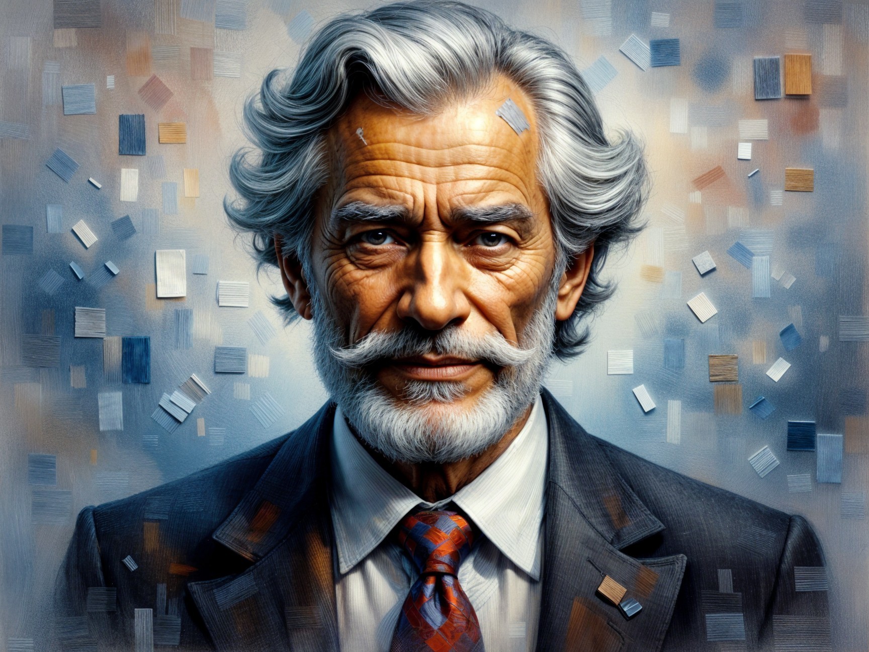 Elderly Man in Formal Suit Against Abstract Background