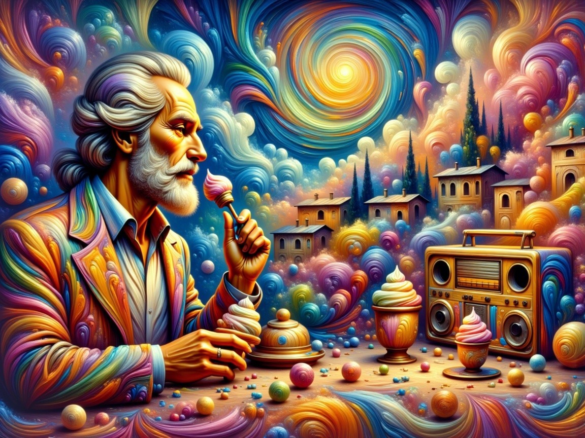 Surreal Scene of Elderly Man Enjoying Ice Cream