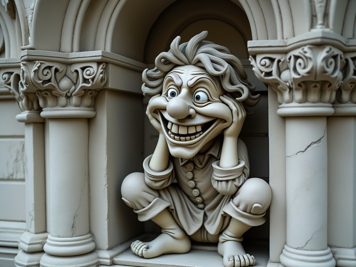Cartoonish Figure in Ornate Stone Archway