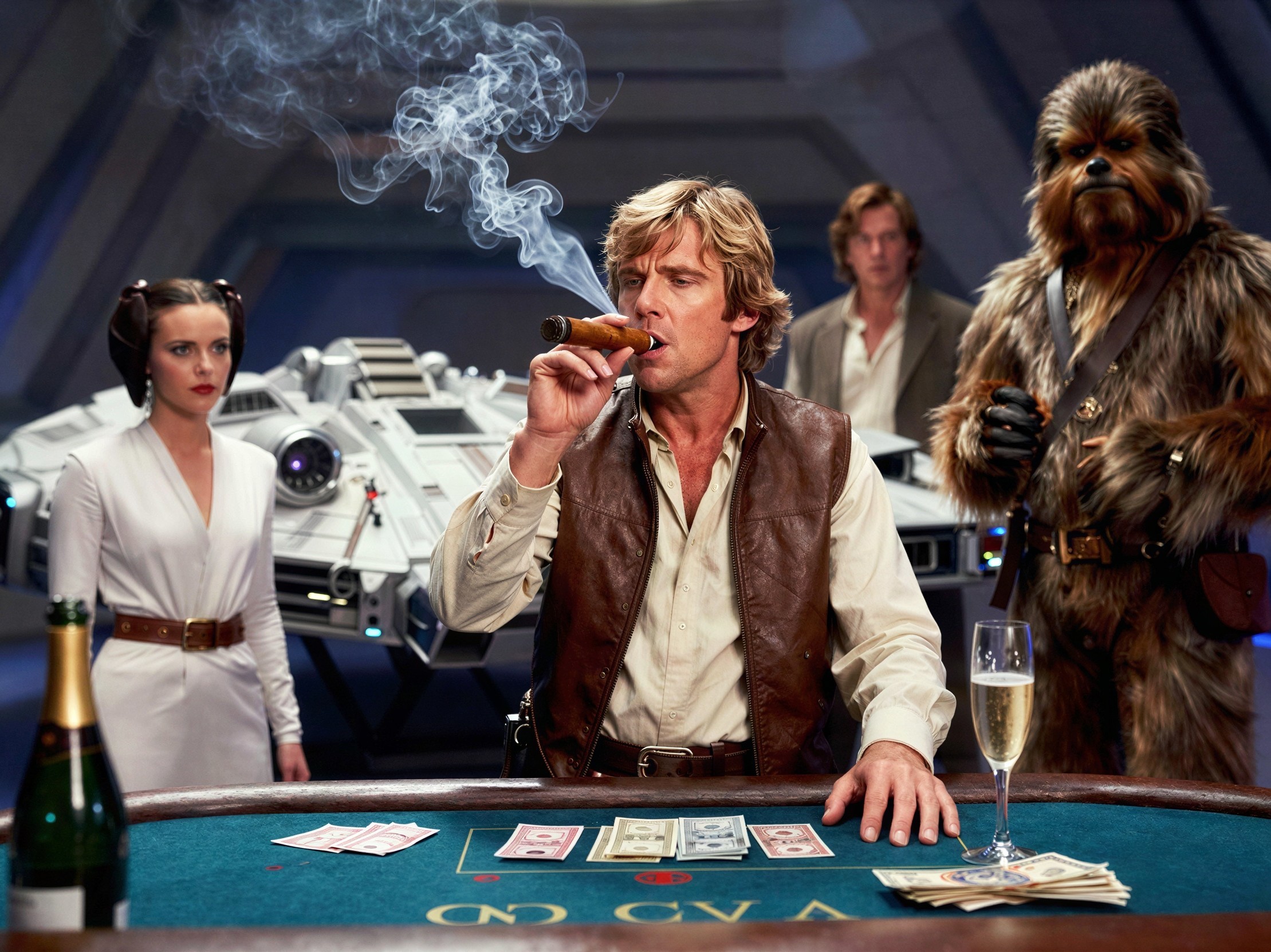 Star Wars Movie Still Featuring Princess Leia and Chewbacca