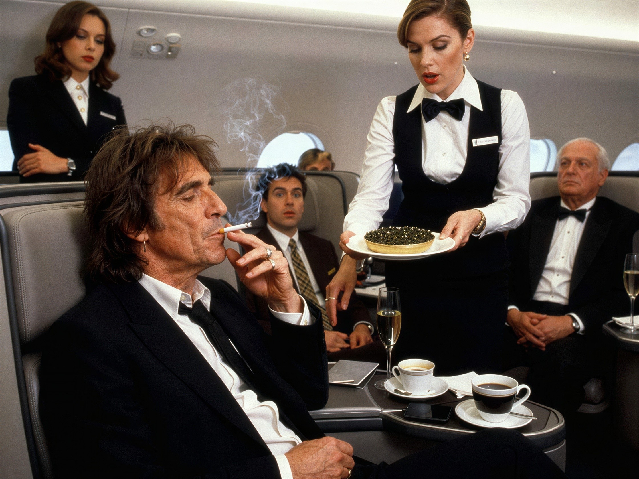 Disheveled Man in Suit Smoking on Airplane