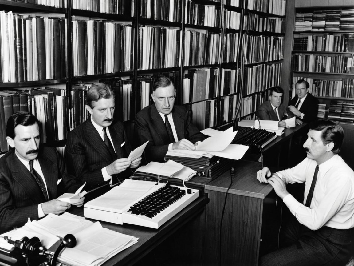 Six Men in Dark Suits Gathered in Library Setting