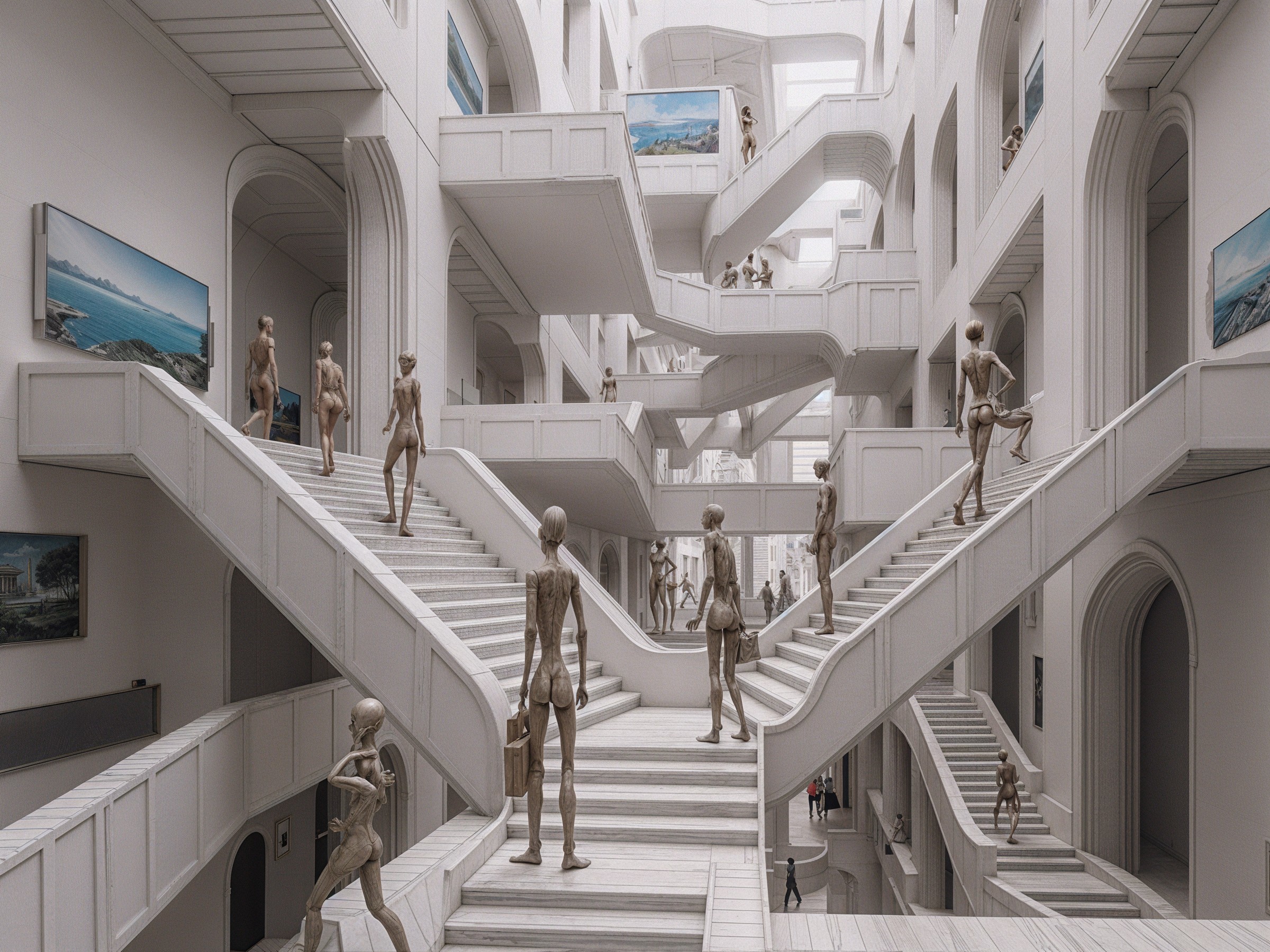Modern Architectural Interior with Skeletal Figures