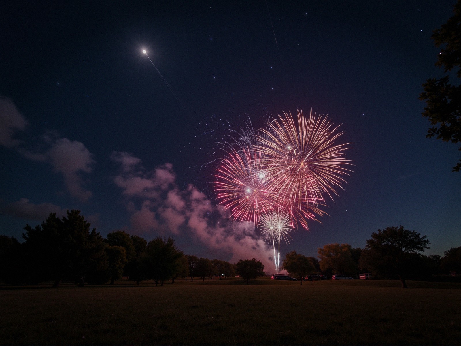 Vibrant Fireworks Illuminate Serene Night Sky