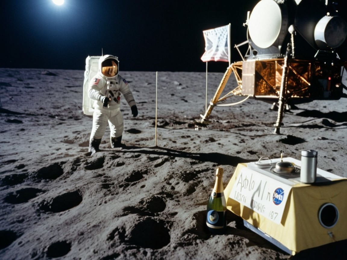 Astronaut on Lunar Surface with Apollo Module and Earth