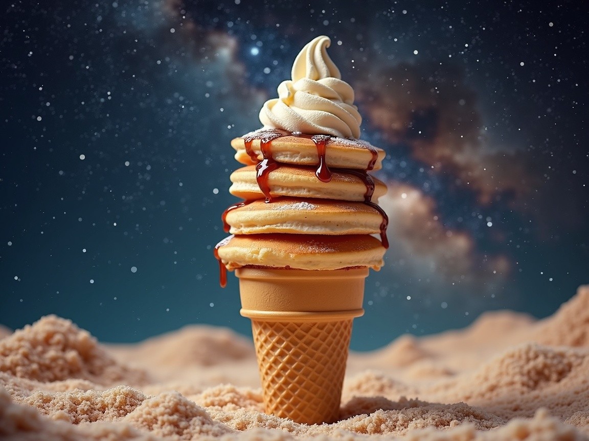 Whimsical Pancake Dessert with Ice Cream and Galaxy Backdrop