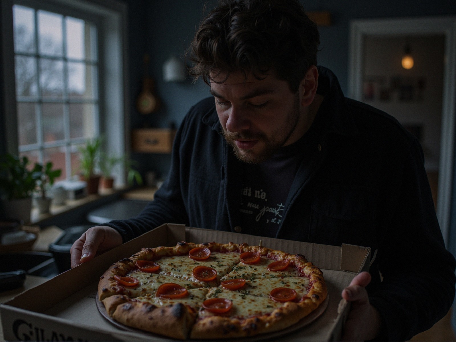 Man with Curly Hair Enjoys Freshly Baked Pizza