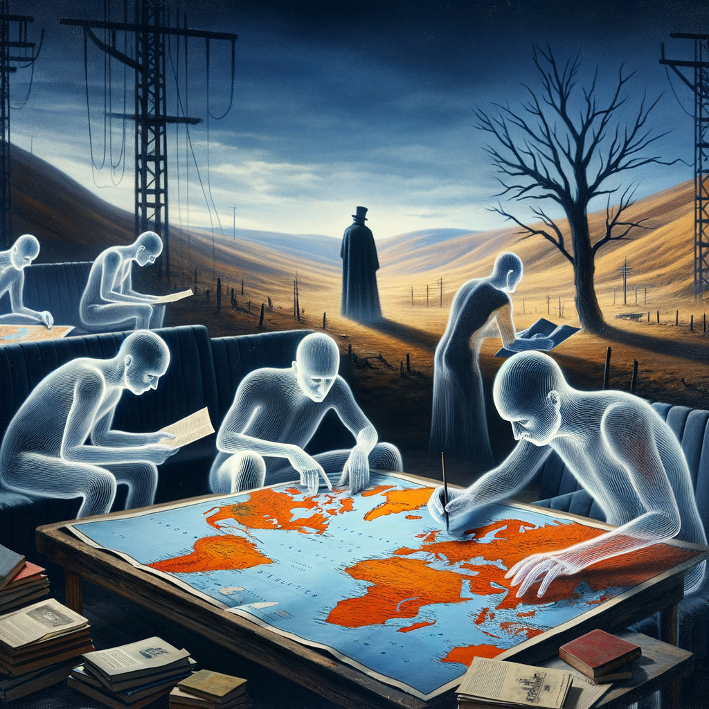 Surreal Landscape with Ghostly Figures Studying a Map