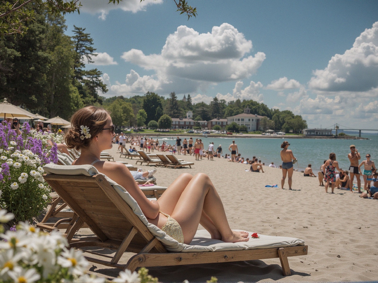 Serene Beach Scene with Sunbather and Lush Background