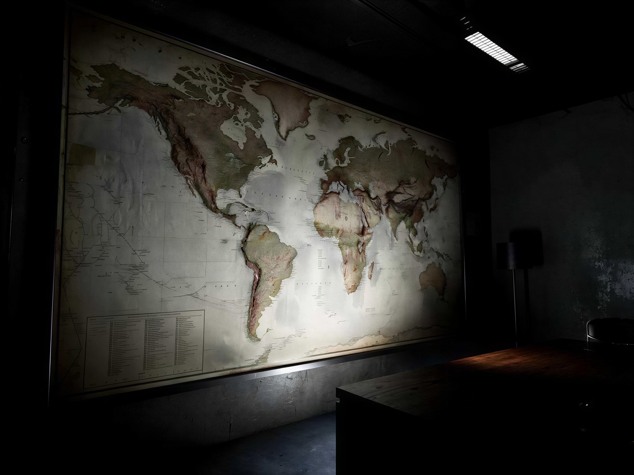 Dramatic World Map Against Dark Concrete Wall