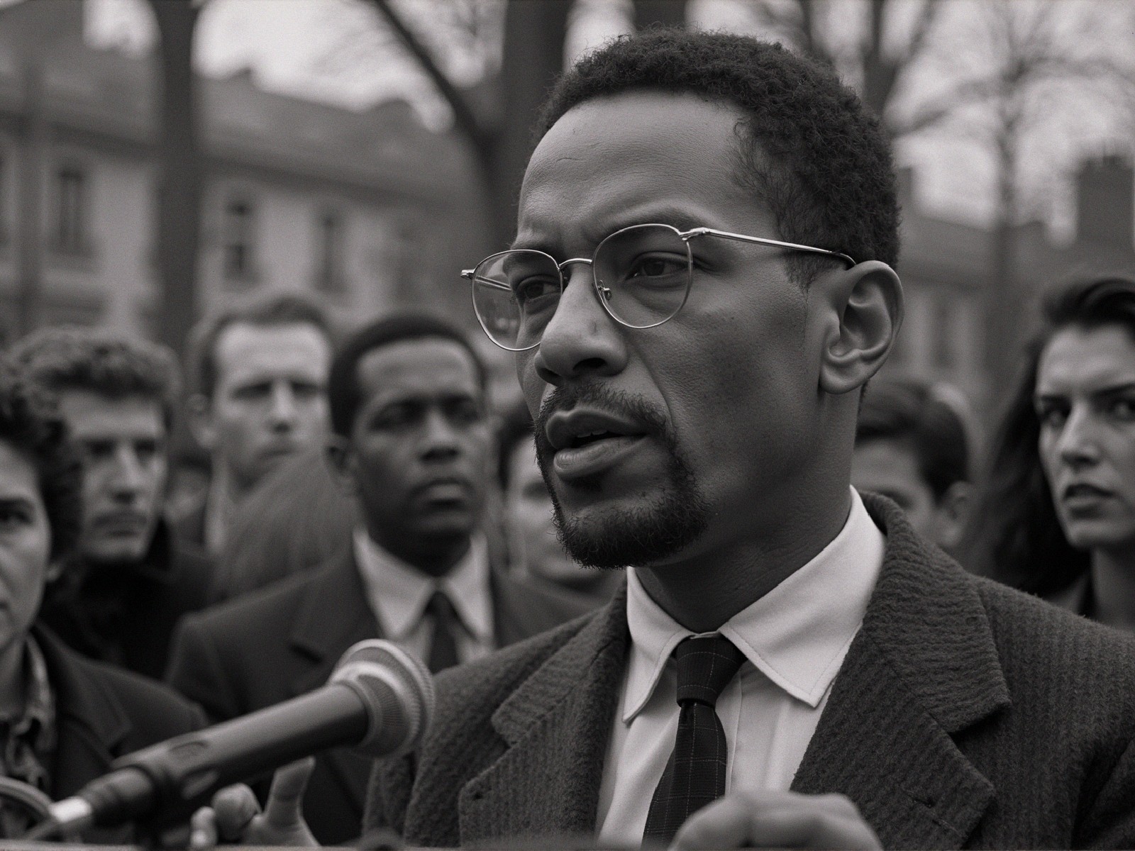 Man with glasses speaks at microphone to attentive crowd