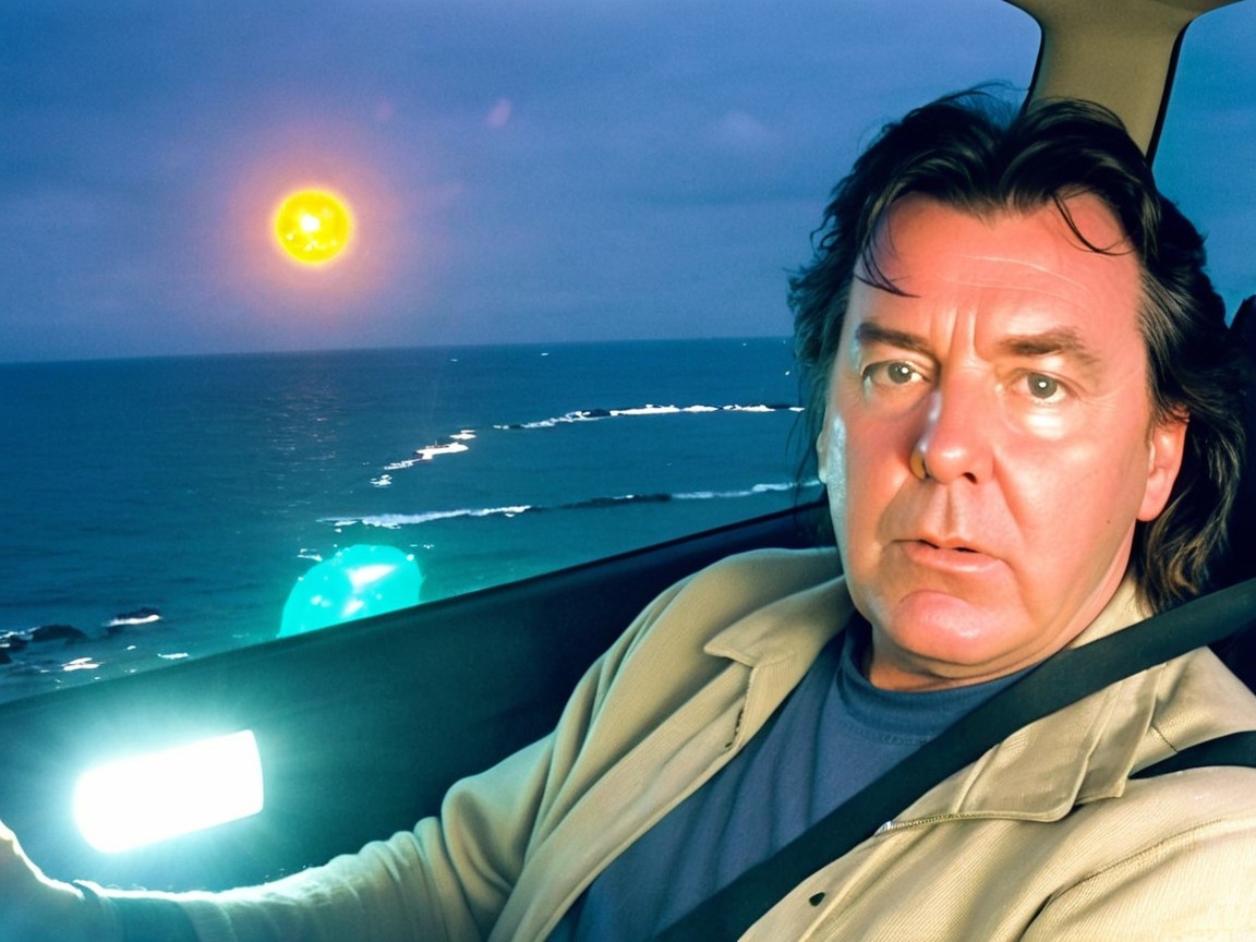 Surprised Man in Car with Ocean and Glowing Orb Background