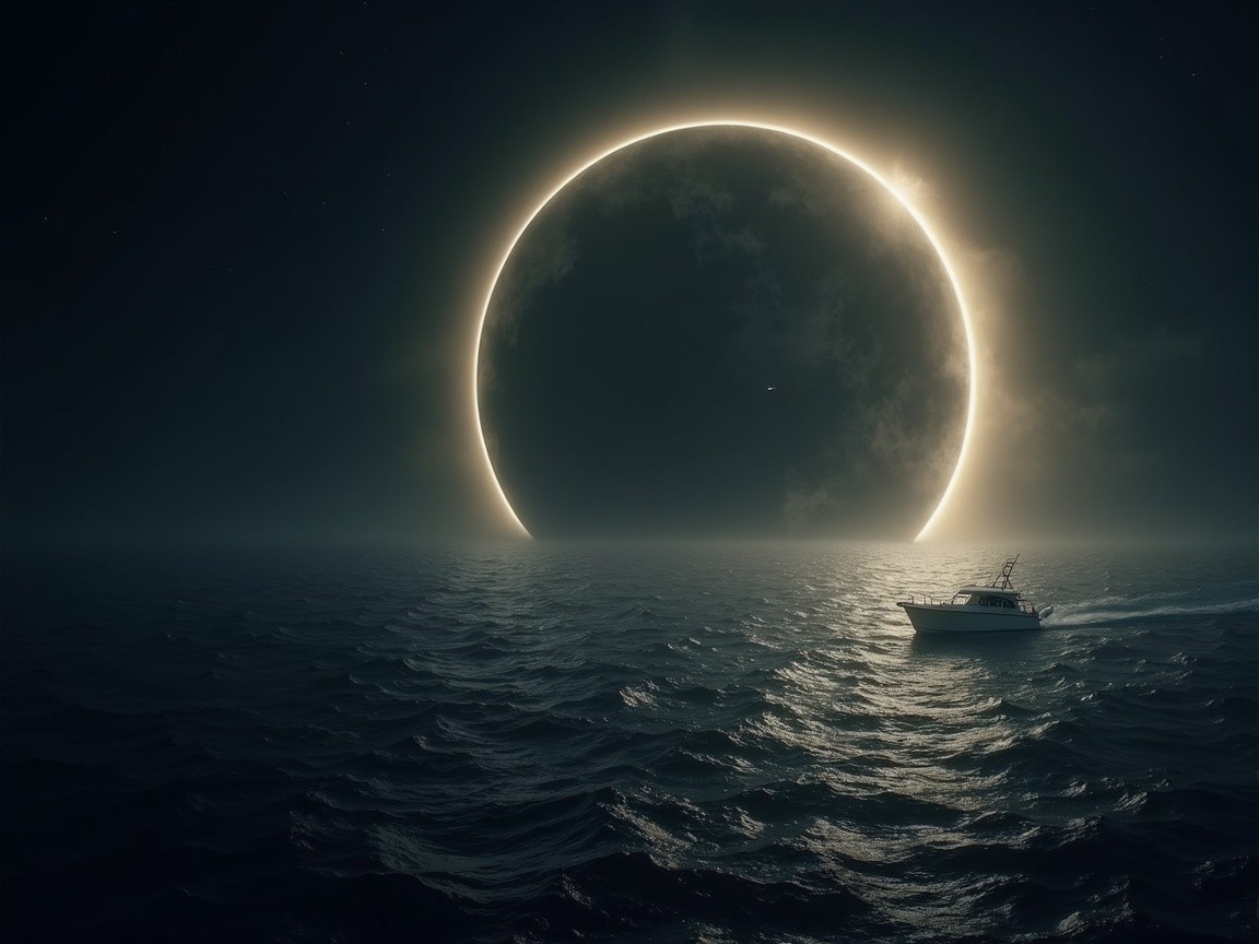 Serene twilight seascape with solar eclipse and boat