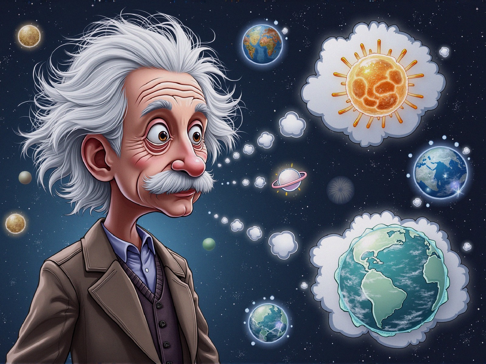 Cartoon Illustration of a Thoughtful Physicist Character