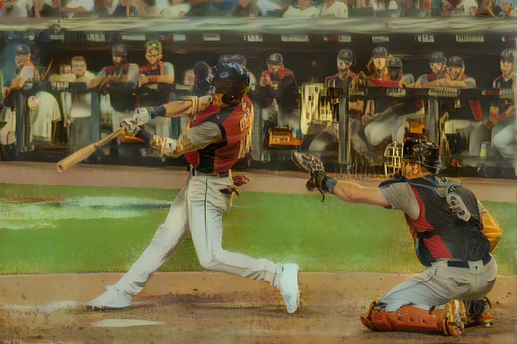 Baseball Player Swings Bat in Lively Stadium Scene