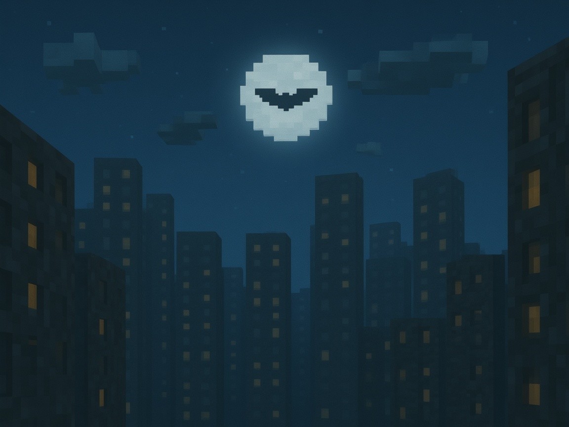 Pixelated Cityscape with Playful Moon at Night