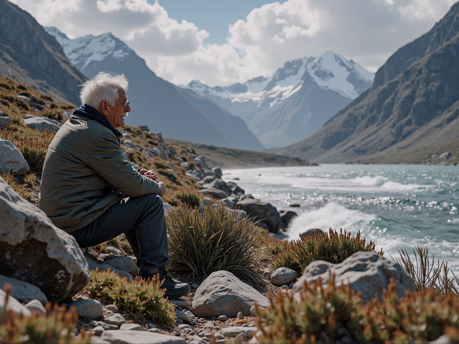 Elderly Man by Tranquil Lake in Serene Landscape