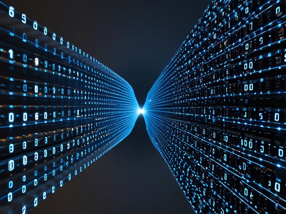 Futuristic Tunnel with Glowing Blue Binary Code