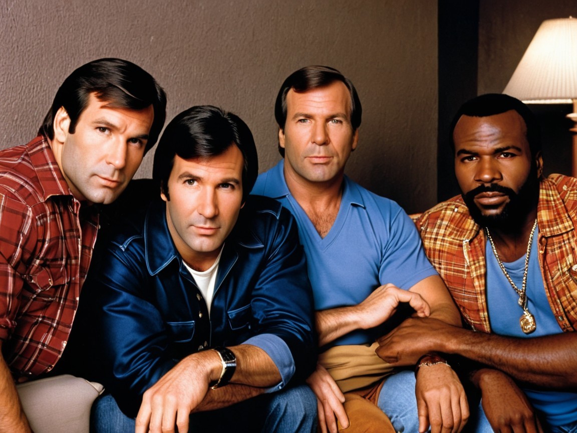 Group of Four Men Posed for Photograph Against Wall