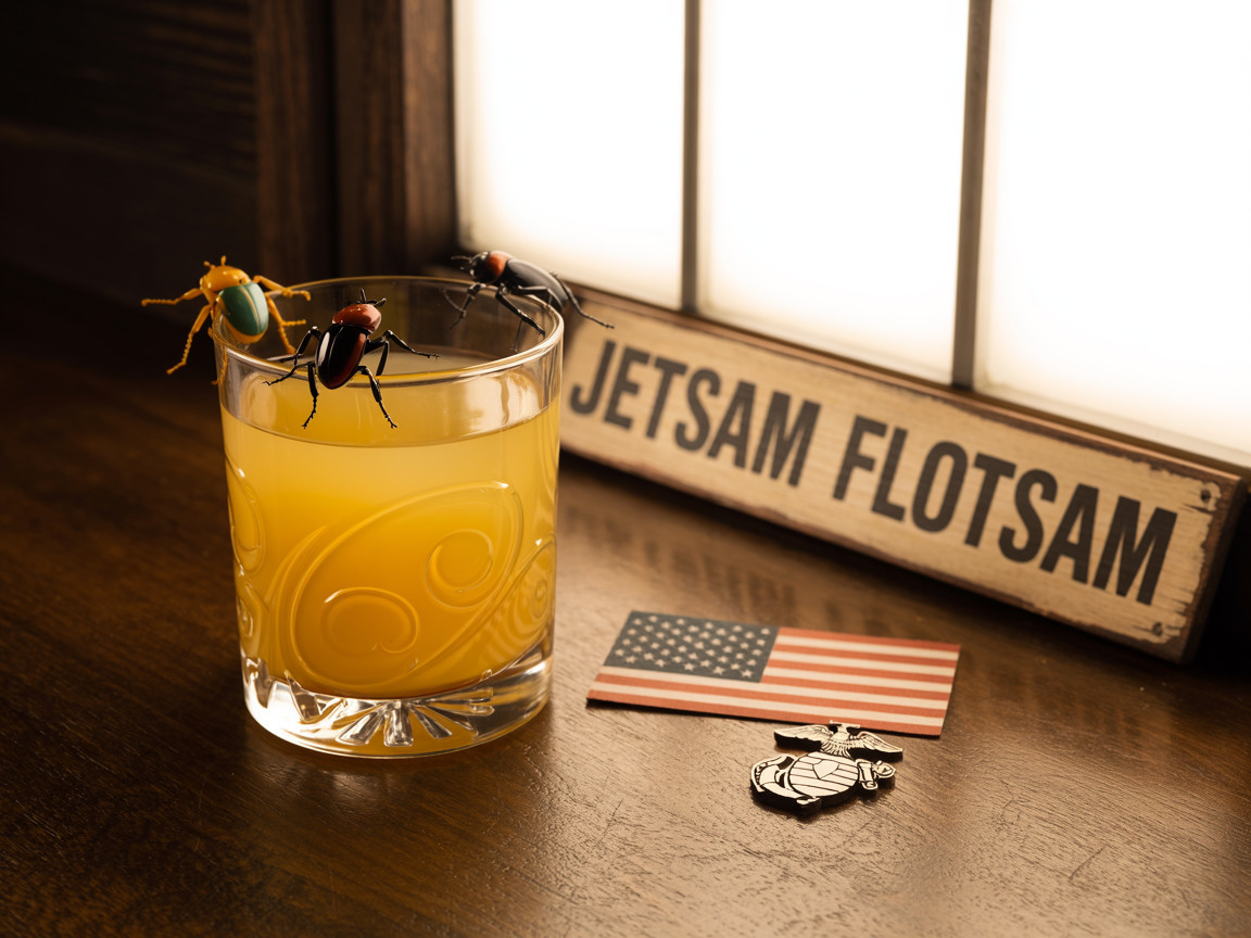 Playful Scene with Yellow Drink and Insect Garnishes