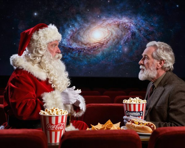 Santa Claus in Auditorium with Galaxy Screen and Snacks