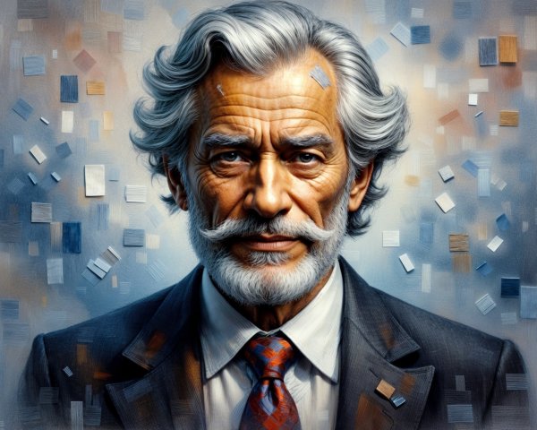 Elderly Man in Formal Suit Against Abstract Background
