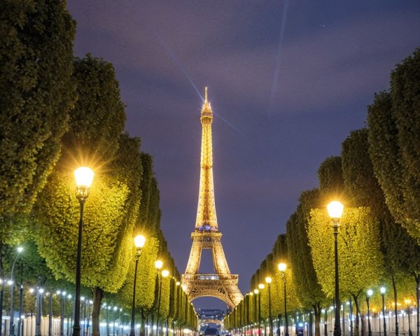 Nighttime View of Illuminated Eiffel Tower in Paris