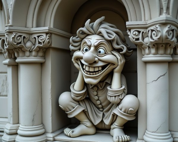 Cartoonish Figure in Ornate Stone Archway