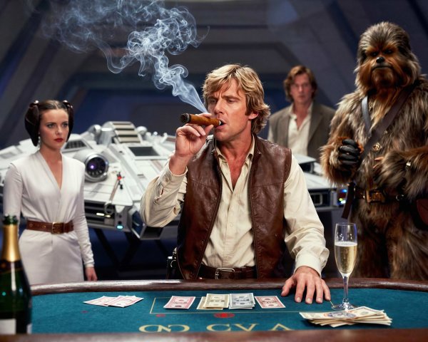 Star Wars Movie Still Featuring Princess Leia and Chewbacca