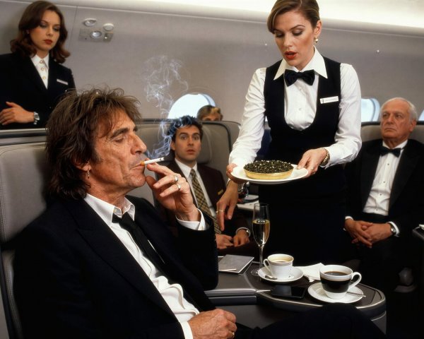 Disheveled Man in Suit Smoking on Airplane