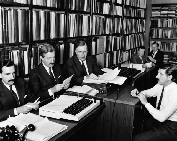 Six Men in Dark Suits Gathered in Library Setting