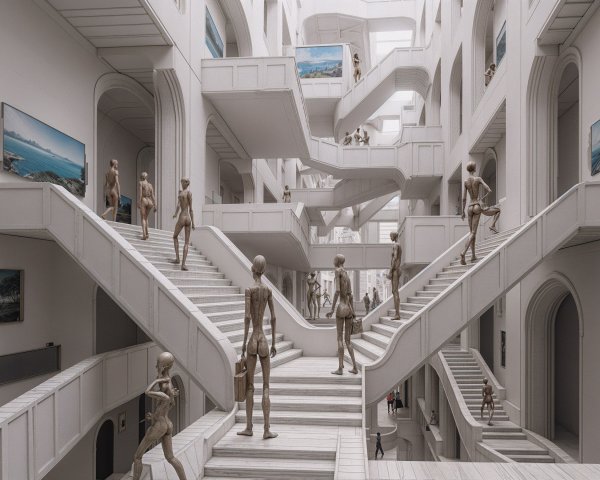 Modern Architectural Interior with Skeletal Figures