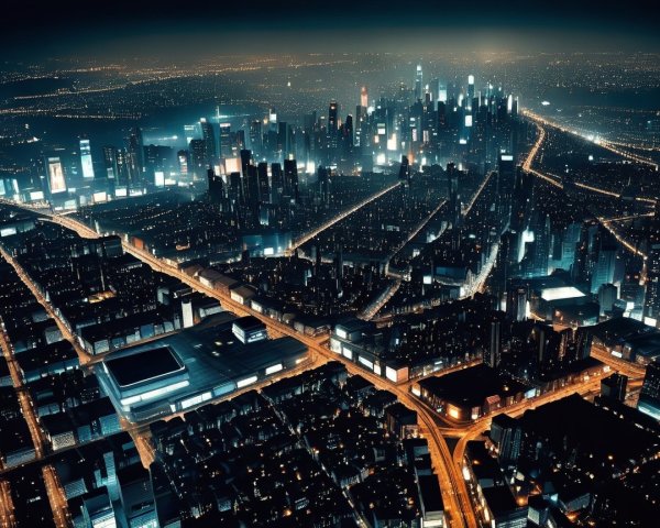 Nighttime Aerial View of a Metropolis Cityscape