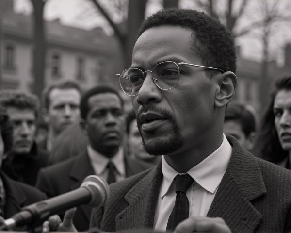 Man with glasses speaks at microphone to attentive crowd