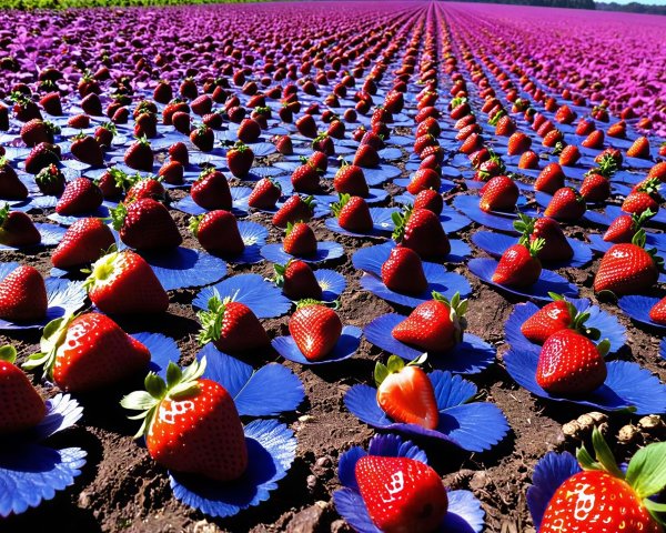 Vibrant Strawberry Field with Blue Leaf Platforms