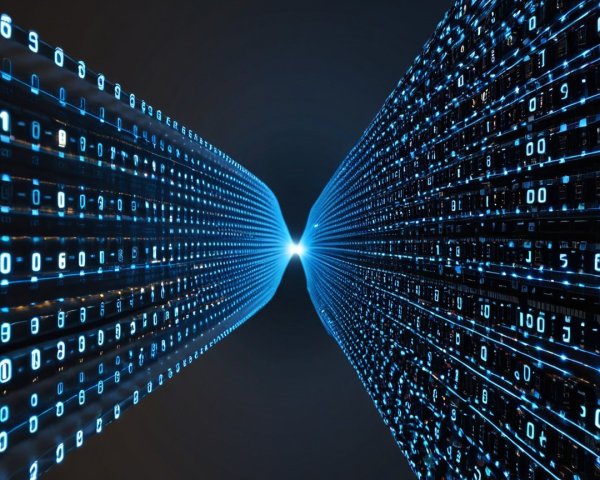 Futuristic Tunnel with Glowing Blue Binary Code